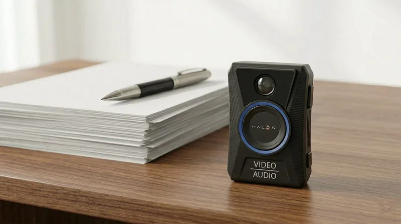 A HALOS Horizon camera standing on a desk beside a stack of papers