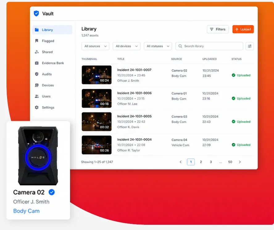 Vault library listing uploaded incident clips by camera